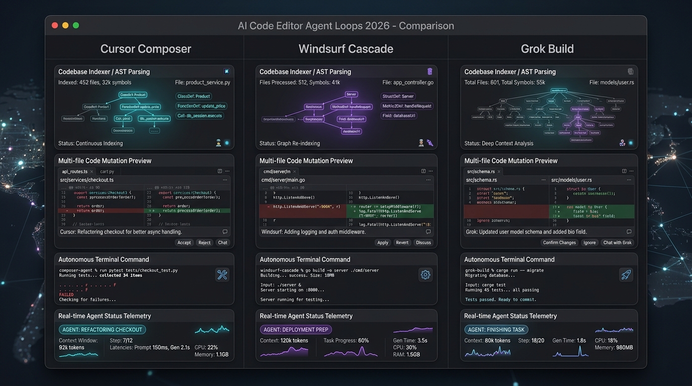 AI Code Editor Agent Loops Comparison: Cursor, Windsurf, and Grok Build